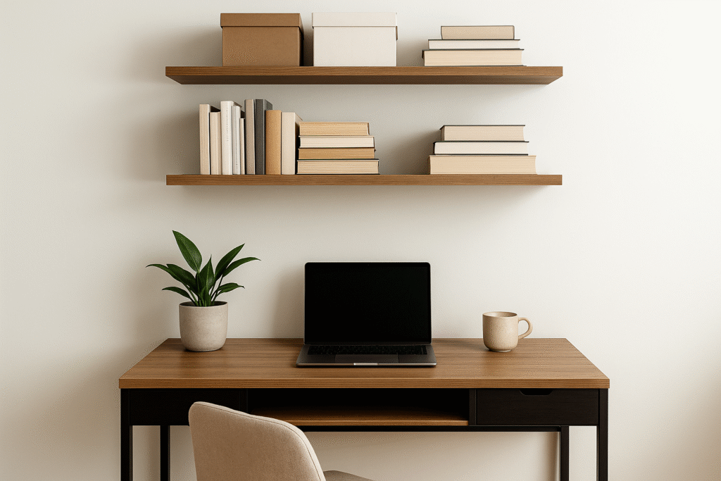 Floating shelves above small home office desk