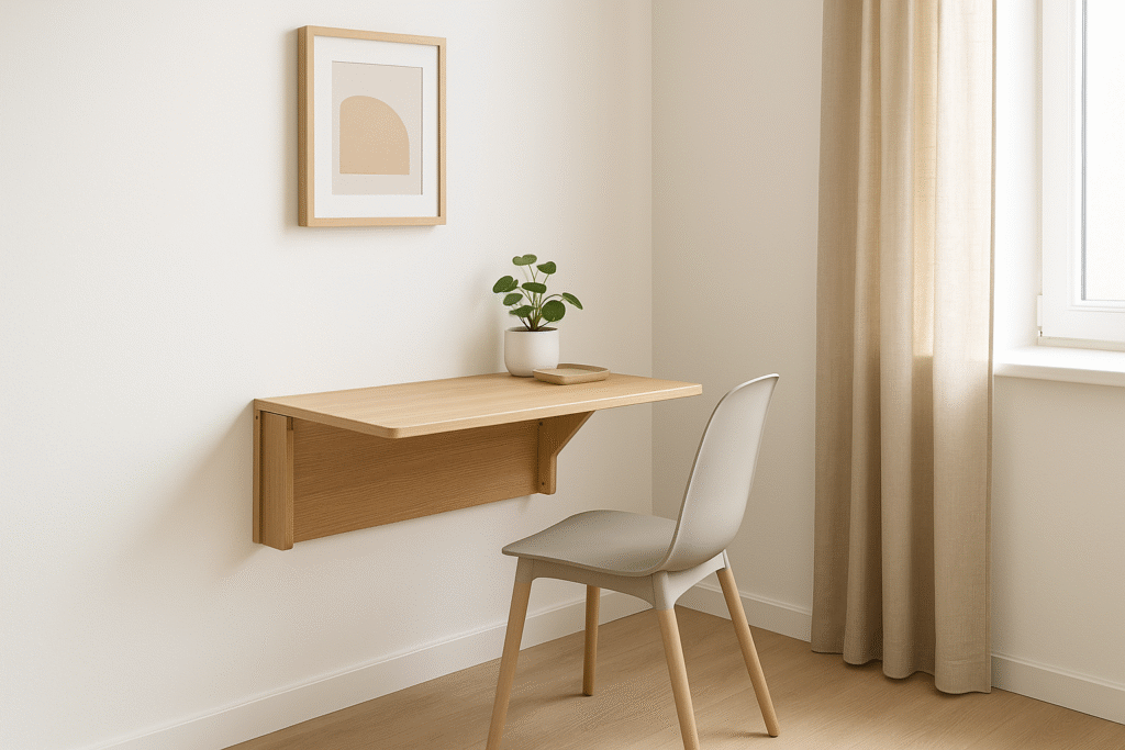 Foldable wall desk partially folded with chair in small modern home office